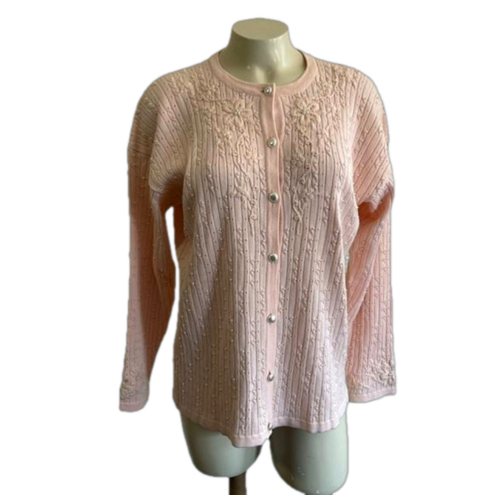 MARISA CHRISTNA for Lord &Taylor cotton blend beaded floral cardigan L/XL ?